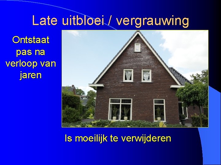 Late uitbloei / vergrauwing Ontstaat pas na verloop van jaren Is moeilijk te verwijderen