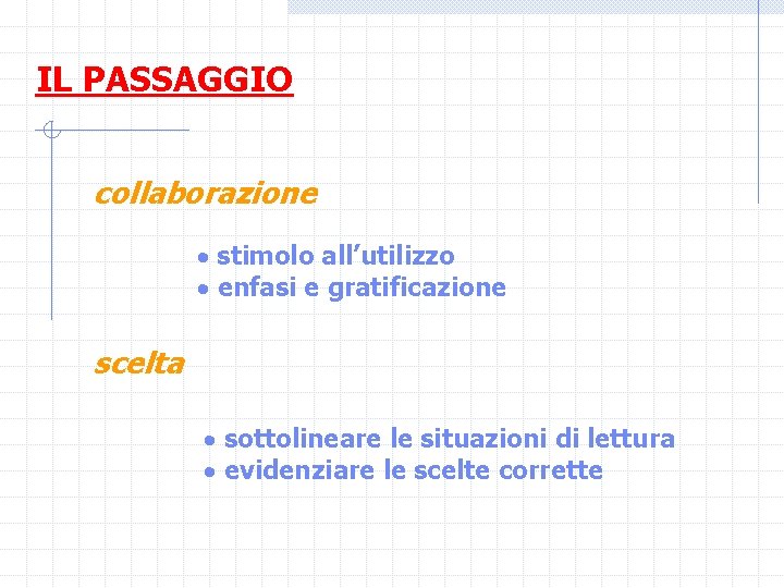 IL PASSAGGIO collaborazione stimolo all’utilizzo enfasi e gratificazione scelta sottolineare le situazioni di lettura