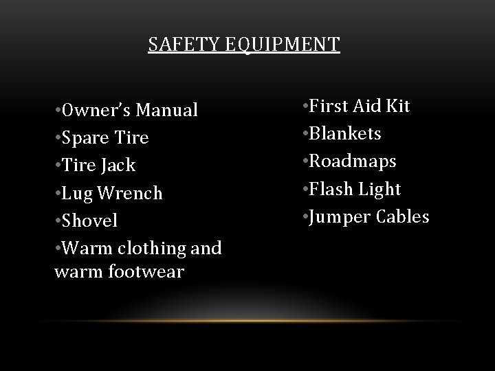 SAFETY EQUIPMENT • Owner’s Manual • Spare Tire • Tire Jack • Lug Wrench