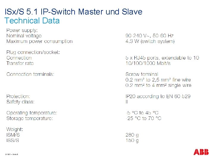 ISx/S 5. 1 IP-Switch Master und Slave Technical Data STO/G – Slide 5 