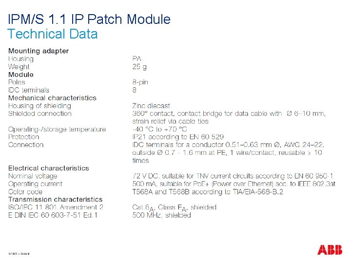 IPM/S 1. 1 IP Patch Module Technical Data STO/G – Slide 8 