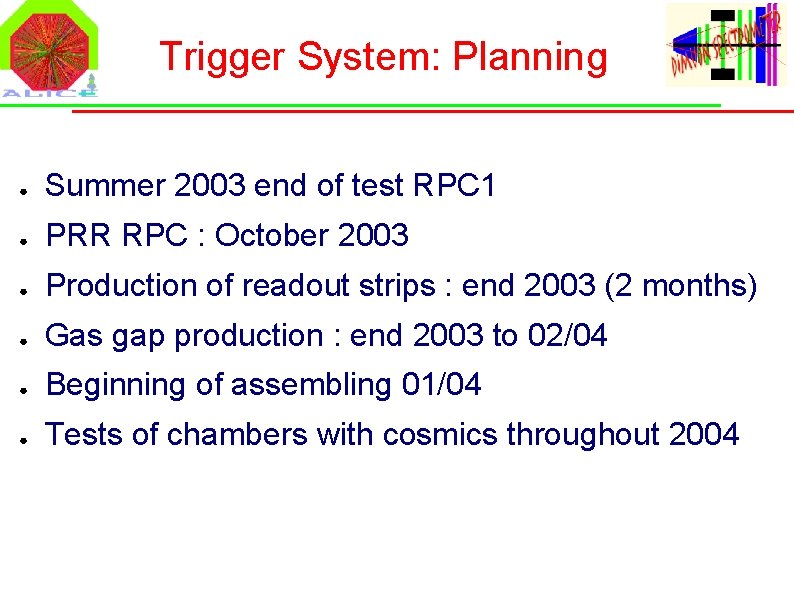 Trigger System: Planning ● Summer 2003 end of test RPC 1 ● PRR RPC