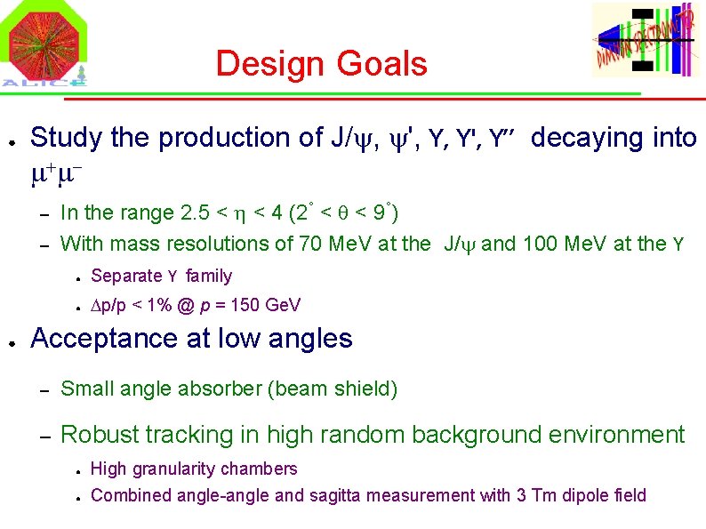 Design Goals ● Study the production of J/ , ', Y, Y', Y’’ decaying