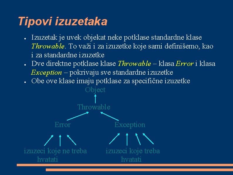 Tipovi izuzetaka ● ● ● Izuzetak je uvek objekat neke potklase standardne klase Throwable.