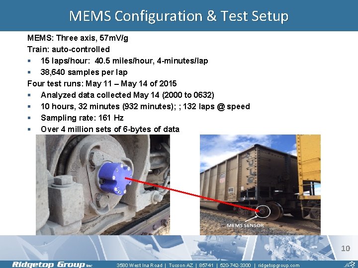 MEMS Configuration & Test Setup MEMS: Three axis, 57 m. V/g Train: auto-controlled §