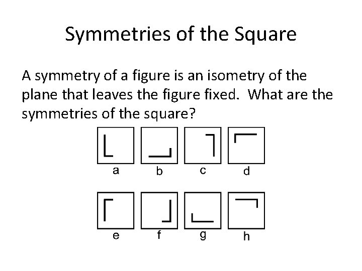 Symmetries of the Square A symmetry of a figure is an isometry of the