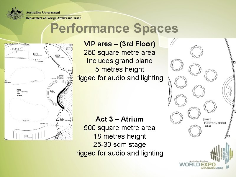 Performance Spaces VIP area – (3 rd Floor) 250 square metre area Includes grand