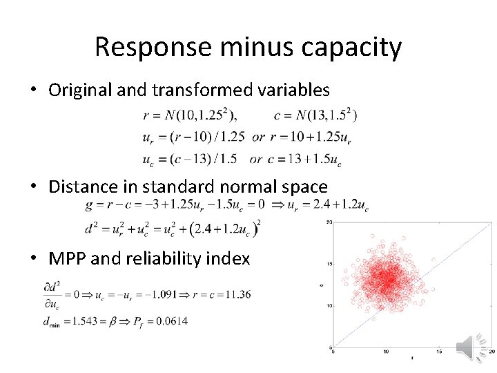 Response minus capacity • Original and transformed variables • Distance in standard normal space