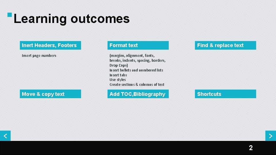 Learning outcomes Inert Headers, Footers Format text Insert page numbers (margins, alignment, fonts, breaks,