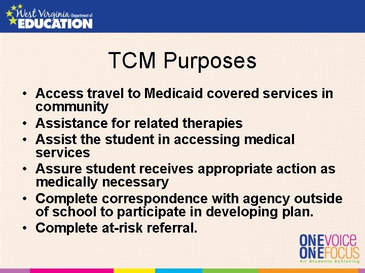 TCM Purposes • Access travel to Medicaid covered services in community • Assistance for