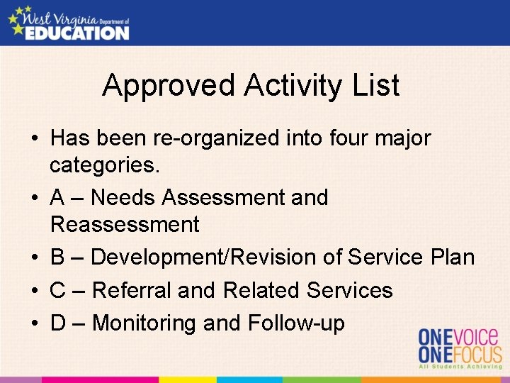 Approved Activity List • Has been re-organized into four major categories. • A –