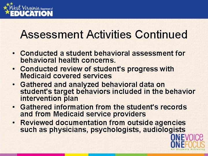 Assessment Activities Continued • Conducted a student behavioral assessment for behavioral health concerns. •