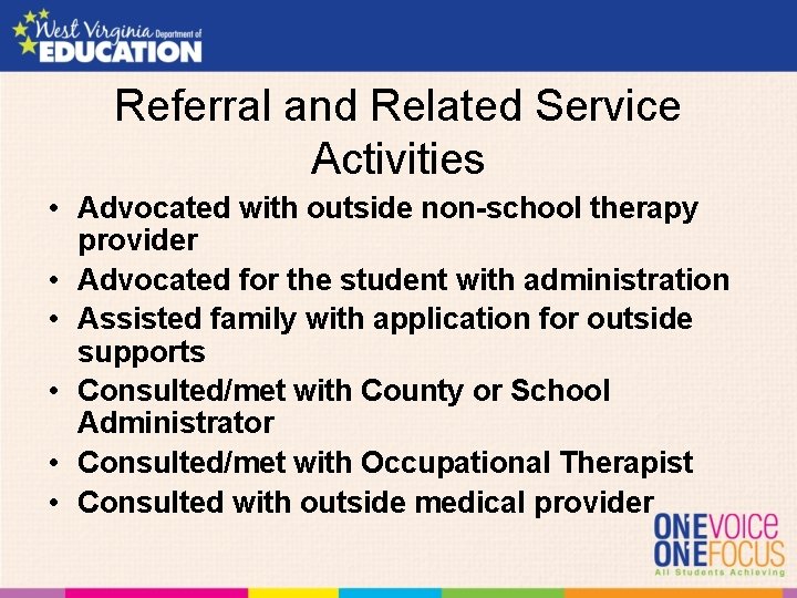Referral and Related Service Activities • Advocated with outside non-school therapy provider • Advocated