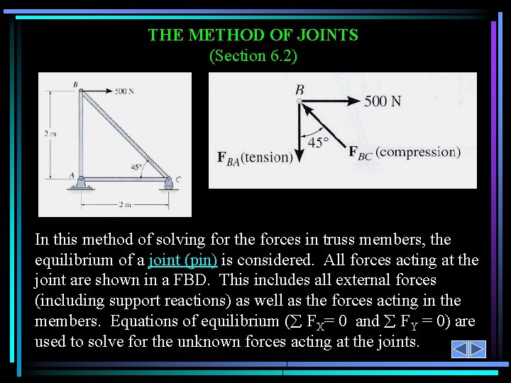 THE METHOD OF JOINTS (Section 6. 2) In this method of solving for the