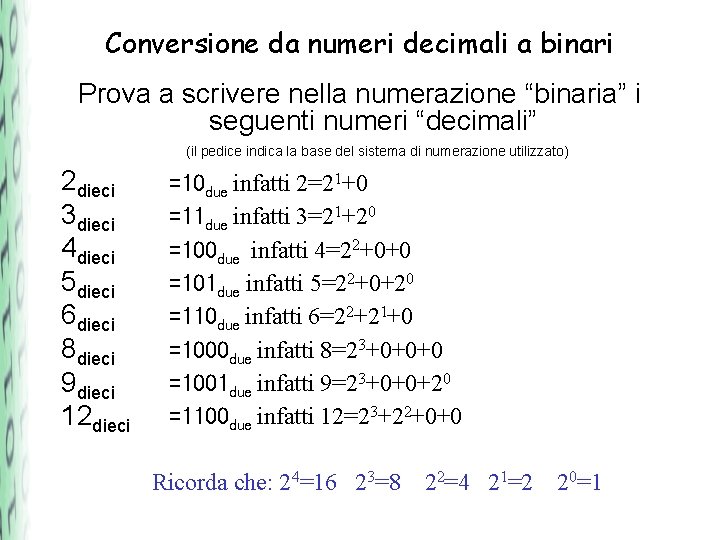 Conversione da numeri decimali a binari Prova a scrivere nella numerazione “binaria” i seguenti