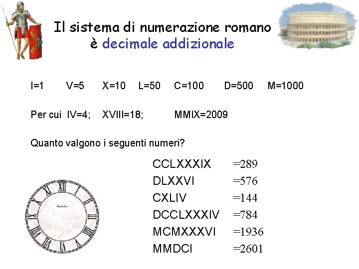 Il sistema di numerazione romano è decimale addizionale I=1 V=5 Per cui IV=4; X=10