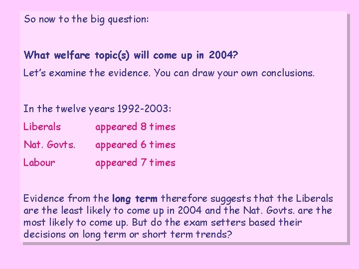 So now to the big question: What welfare topic(s) will come up in 2004?