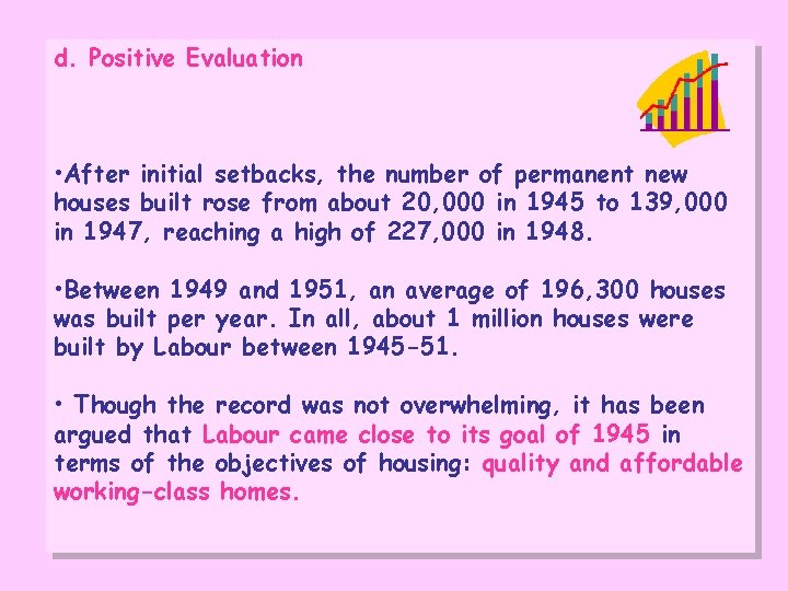 d. Positive Evaluation • After initial setbacks, the number of permanent new houses built