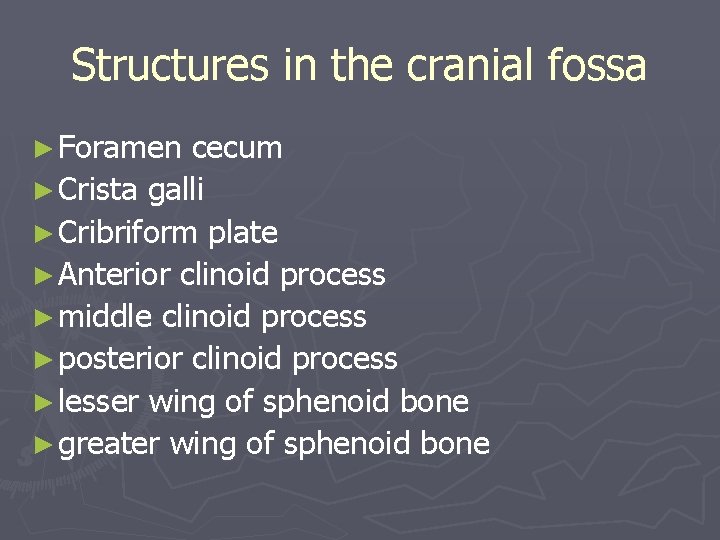 Structures in the cranial fossa ► Foramen cecum ► Crista galli ► Cribriform plate