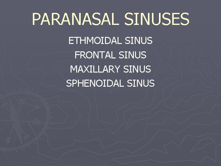 PARANASAL SINUSES ETHMOIDAL SINUS FRONTAL SINUS MAXILLARY SINUS SPHENOIDAL SINUS 