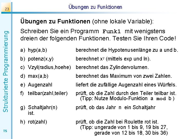 Übungen zu Funktionen 23 Strukturierte Programmierung Übungen zu Funktionen (ohne lokale Variable): TS Schreiben