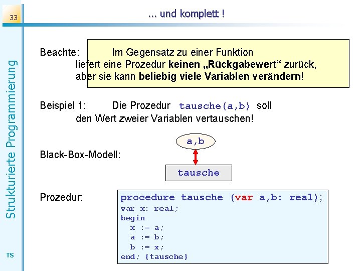 . . . und komplett ! Strukturierte Programmierung 33 TS Beachte: Im Gegensatz zu