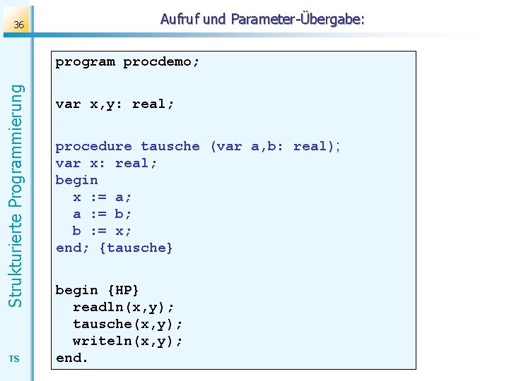 36 Aufruf und Parameter-Übergabe: Strukturierte Programmierung program procdemo; TS var x, y: real; procedure