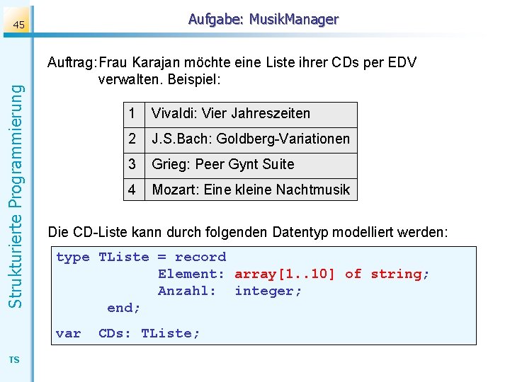 Aufgabe: Musik. Manager Strukturierte Programmierung 45 Auftrag: Frau Karajan möchte eine Liste ihrer CDs