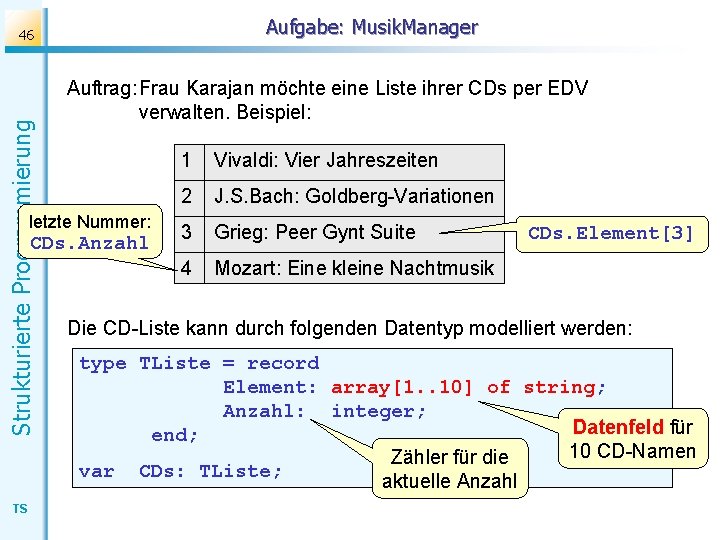 Aufgabe: Musik. Manager Strukturierte Programmierung 46 Auftrag: Frau Karajan möchte eine Liste ihrer CDs