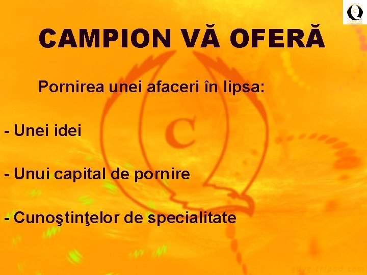CAMPION VĂ OFERĂ Pornirea unei afaceri în lipsa: - Unei idei - Unui capital
