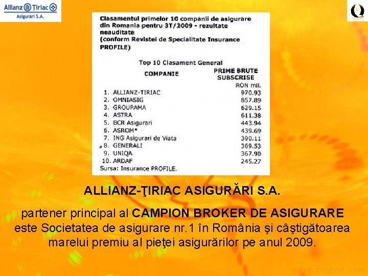 ALLIANZ-ŢIRIAC ASIGURĂRI S. A. partener principal al CAMPION BROKER DE ASIGURARE este Societatea de