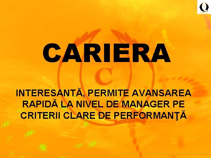 CARIERA INTERESANTĂ, PERMITE AVANSAREA RAPIDĂ LA NIVEL DE MANAGER PE CRITERII CLARE DE PERFORMANŢĂ