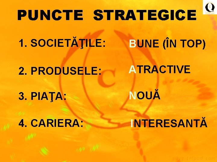 PUNCTE STRATEGICE 1. SOCIETĂŢILE: BUNE (ÎN TOP) 2. PRODUSELE: ATRACTIVE 3. PIAŢA: NOUĂ 4.