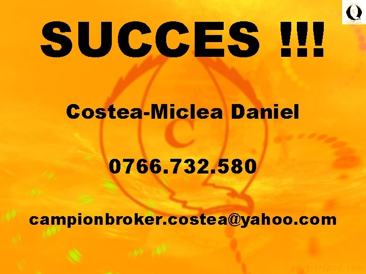 SUCCES !!! Costea-Miclea Daniel 0766. 732. 580 campionbroker. costea@yahoo. com 