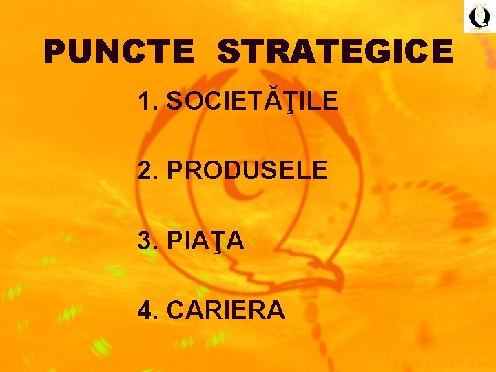 PUNCTE STRATEGICE 1. SOCIETĂŢILE 2. PRODUSELE 3. PIAŢA 4. CARIERA 