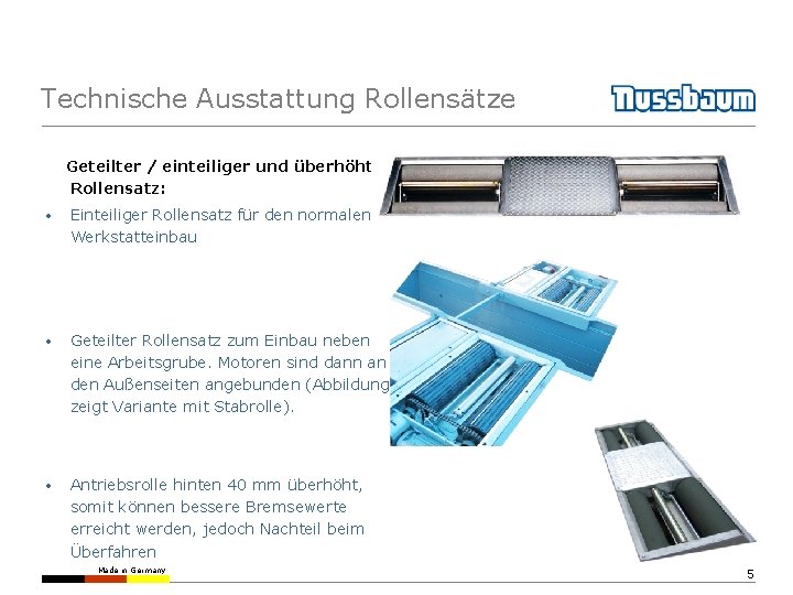 Technische Ausstattung Rollensätze Geteilter / einteiliger und überhöhter Rollensatz: • Einteiliger Rollensatz für den