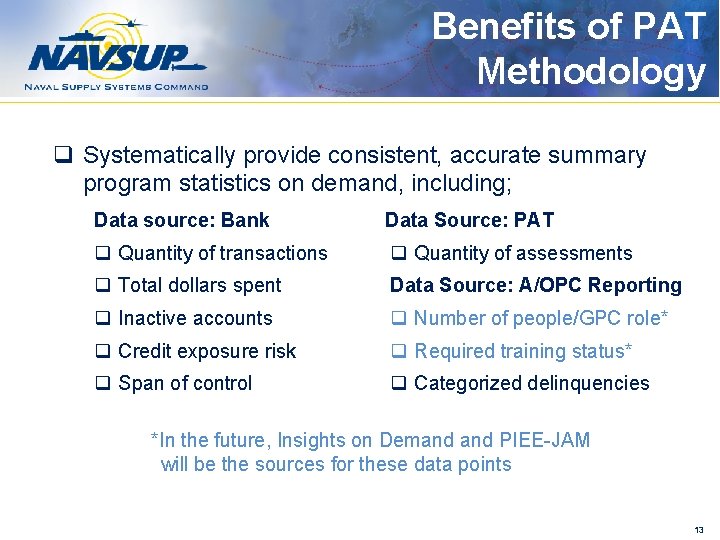 Benefits of PAT Methodology q Systematically provide consistent, accurate summary program statistics on demand,