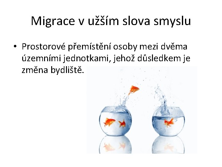 Migrace v užším slova smyslu • Prostorové přemístění osoby mezi dvěma územními jednotkami, jehož