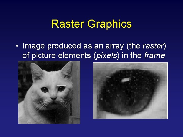 Raster Graphics • Image produced as an array (the raster) of picture elements (pixels) Raster Graphics • Image produced as an array (the raster) of picture elements (pixels)