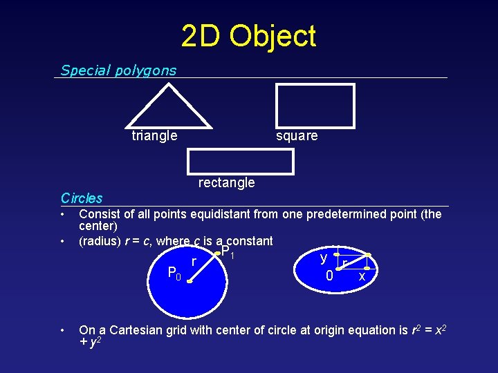 2 D Object Special polygons triangle square rectangle Circles • • Consist of all 2 D Object Special polygons triangle square rectangle Circles • • Consist of all