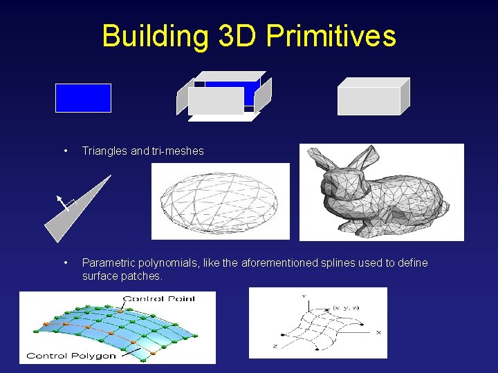 Building 3 D Primitives • Triangles and tri-meshes • Parametric polynomials, like the aforementioned