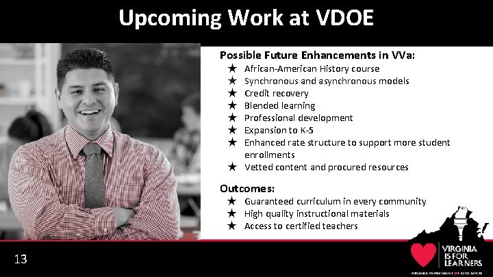 Upcoming Work at VDOE Possible Future Enhancements in VVa: African-American History course Synchronous and