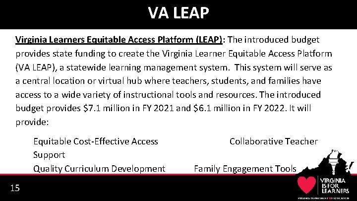 VA LEAP Virginia Learners Equitable Access Platform (LEAP): The introduced budget provides state funding