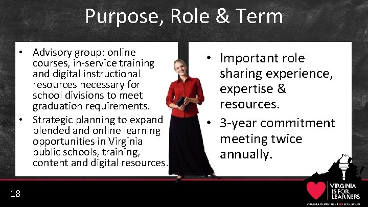 Purpose, Role & Term • Advisory group: online courses, in-service training and digital instructional