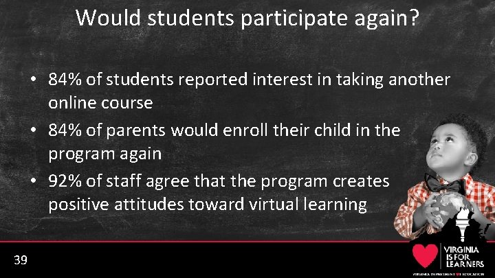 Would students participate again? • 84% of students reported interest in taking another online