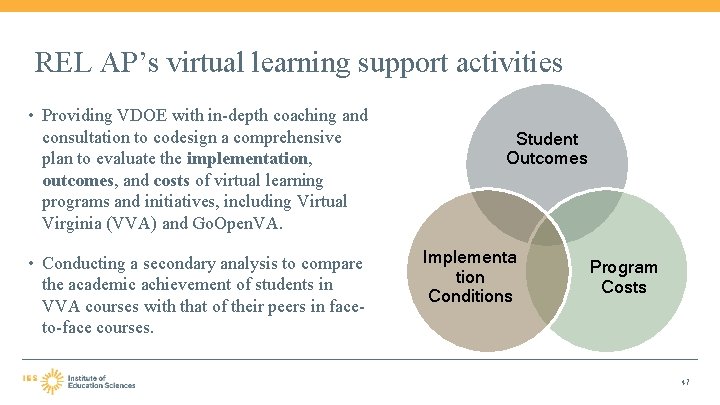 REL AP’s virtual learning support activities • Providing VDOE with in-depth coaching and consultation