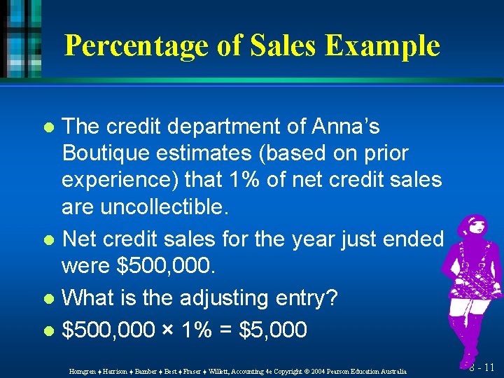 Percentage of Sales Example The credit department of Anna’s Boutique estimates (based on prior