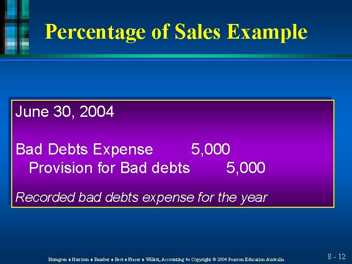 Percentage of Sales Example June 30, 2004 Bad Debts Expense 5, 000 Provision for