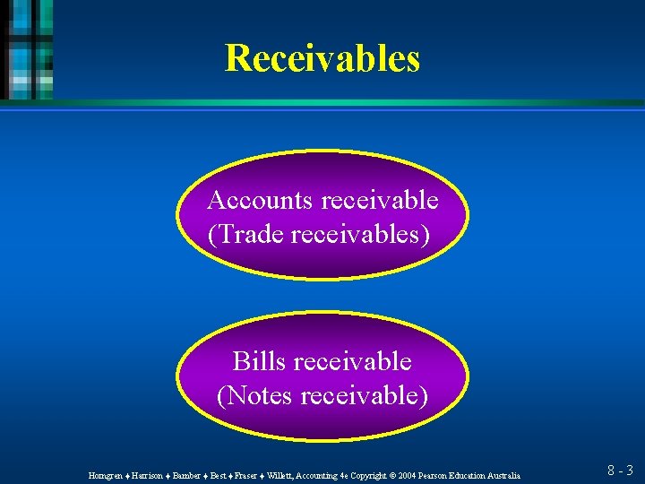 Receivables Accounts receivable (Trade receivables) Bills receivable (Notes receivable) Horngren ♦ Harrison ♦ Bamber