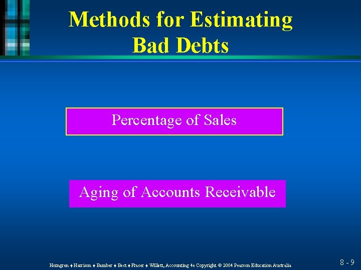 Methods for Estimating Bad Debts Percentage of Sales Aging of Accounts Receivable Horngren ♦